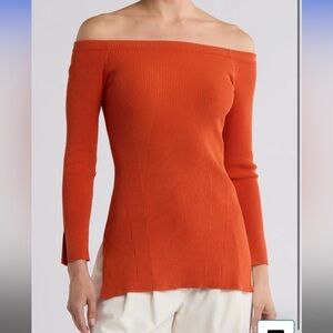 VERONICA BEARD Orange Derick Ribbed Off Shoulder Blouse Size Small